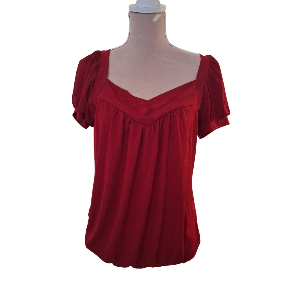 Vtg Wrapper Dark Red Puff Sleeve Blouse Sweetheart Neck Pleated Top Large y2k